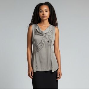 BCBGMaxAzria Runway CollectionStylish Gray Draped Blouse with Knot & Lace Detail